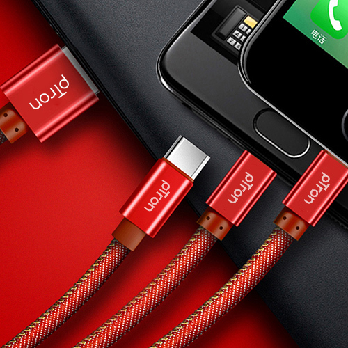 Ptron Indigo 3-in-1 2.0amp 1m Usb Charging Cable For All Smartphones - Metal+copper+abs+denim Fabric, Red, 3 Charging Ports For Simultaneous Device Charging