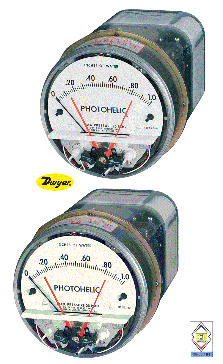 Dwyer A3000-1kpa Photohelic Pressure Switch Gauge - 0-1 Kpa Range, Precision 2% Accuracy, Adjustable Set Points, 4" Dial Face, Compatible With Air And Non-combustible Gases