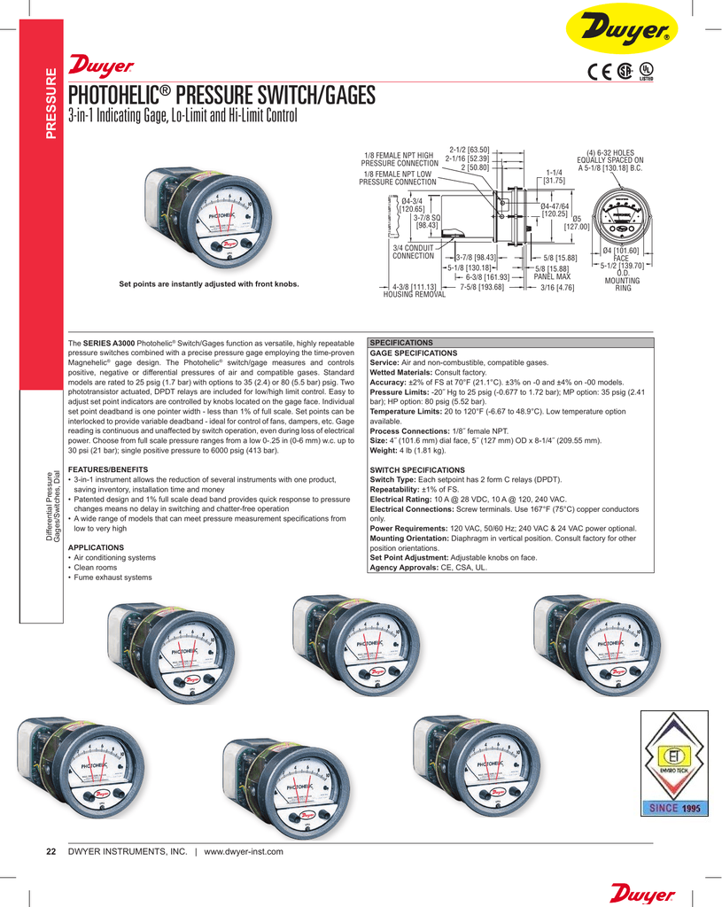 Dwyer A3000-1kpa Photohelic Pressure Switch Gauge - 0-1 Kpa Range, Precision 2% Accuracy, Adjustable Set Points, 4" Dial Face, Compatible With Air And Non-combustible Gases