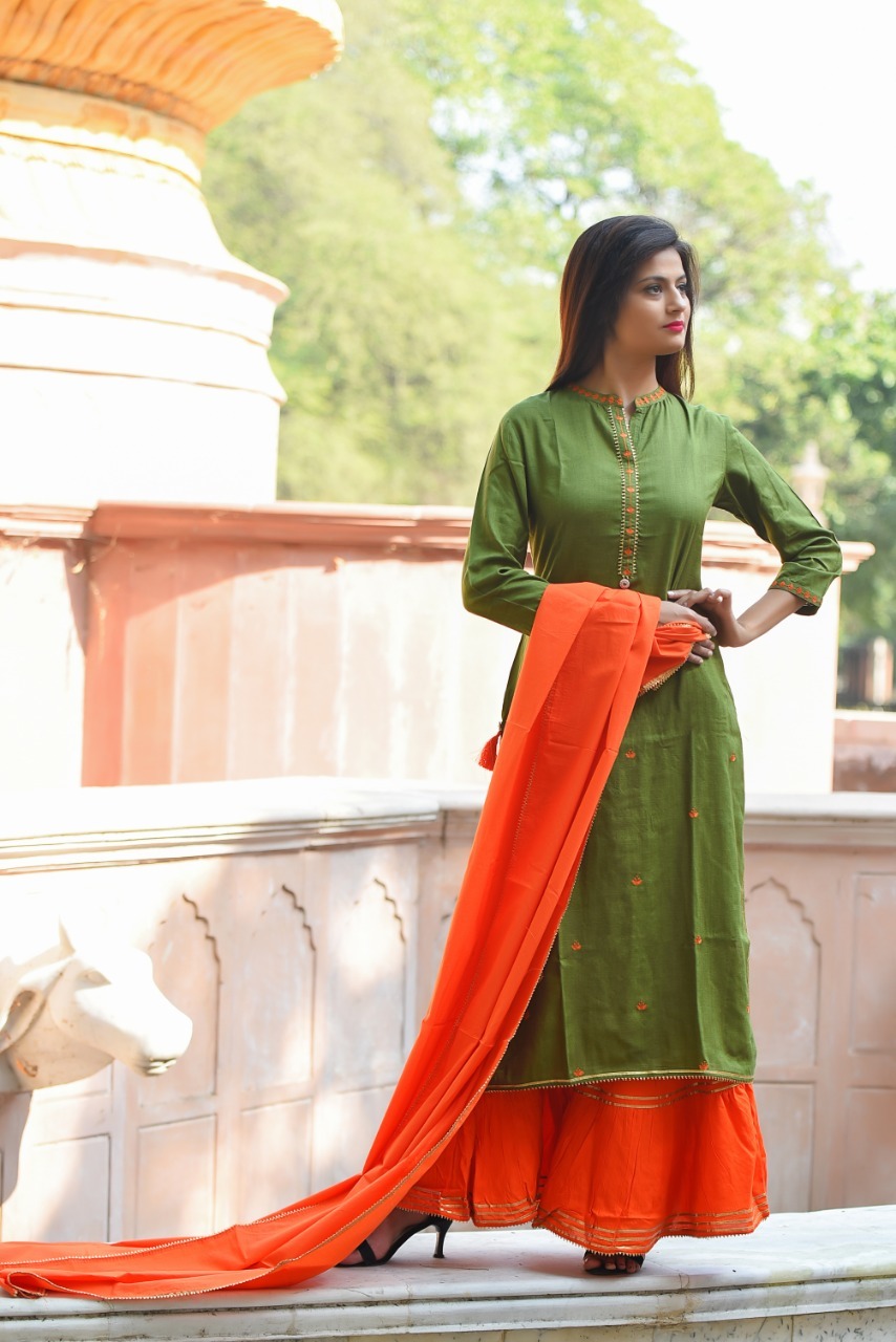 Green And Orange Kurti Palazzo Set With Dupatta - Feature: Washable