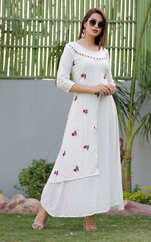 White Long Rayon Gown Kurti