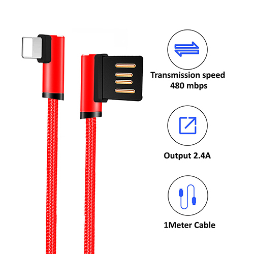 Ptron Solero 2.4a Fast Charging Usb Cable 1.2 Meter For Iphones - Metal, Abs, Copper, Nylon Cable, Red | Durable, Tangle-free, 480mbps Data Transfer Speed