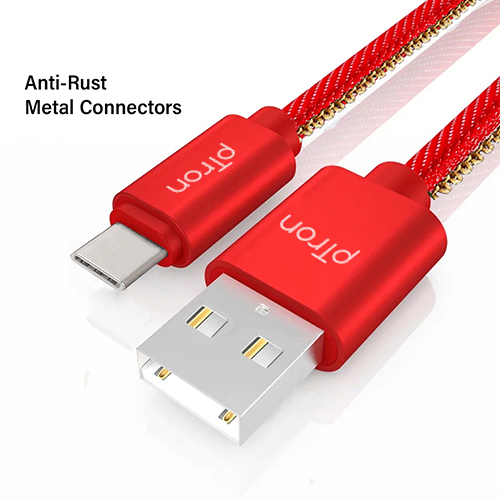 Ptron Indigo 2.1a Type-c Usb Cable For Charging & Data Sync - Denim Texture, 1m Length, Red | Durable, Fast Charging, Stable Data Transfer