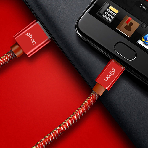 Ptron Indigo 2.1a Type-c Usb Cable For Charging & Data Sync - Denim Texture, 1m Length, Red | Durable, Fast Charging, Stable Data Transfer