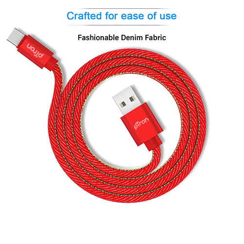 Ptron Indigo 2.1a Type-c Usb Cable For Charging & Data Sync - Denim Texture, 1m Length, Red | Durable, Fast Charging, Stable Data Transfer
