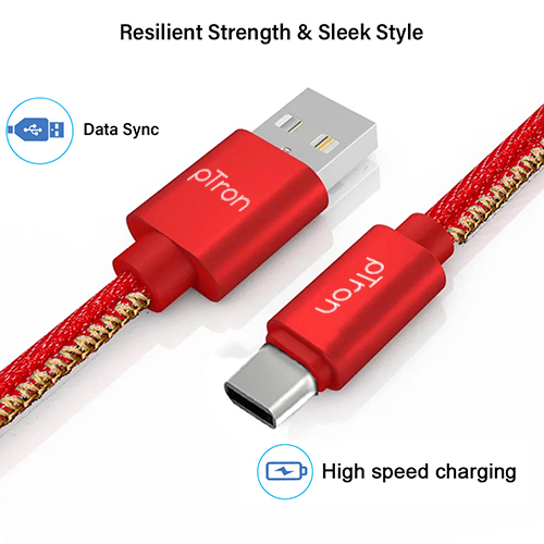 Ptron Indigo 2.1a Type-c Usb Cable For Charging & Data Sync - Denim Texture, 1m Length, Red | Durable, Fast Charging, Stable Data Transfer