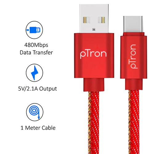 Ptron Indigo 2.1a Type-c Usb Cable For Charging & Data Sync - Denim Texture, 1m Length, Red | Durable, Fast Charging, Stable Data Transfer