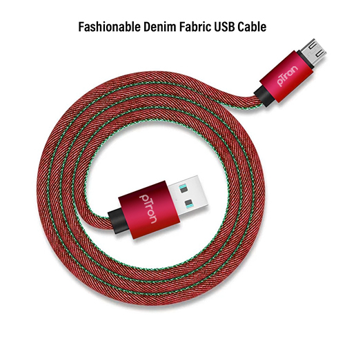 Ptron Indigo 2.1a Micro Usb Cable For Charging & Data Sync - Denim Texture, 1m Length, Red Color, 480mbps Data Transfer Speed, Durable Design