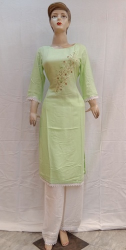 Green Rayon Hand Work Kurti With Palazzo