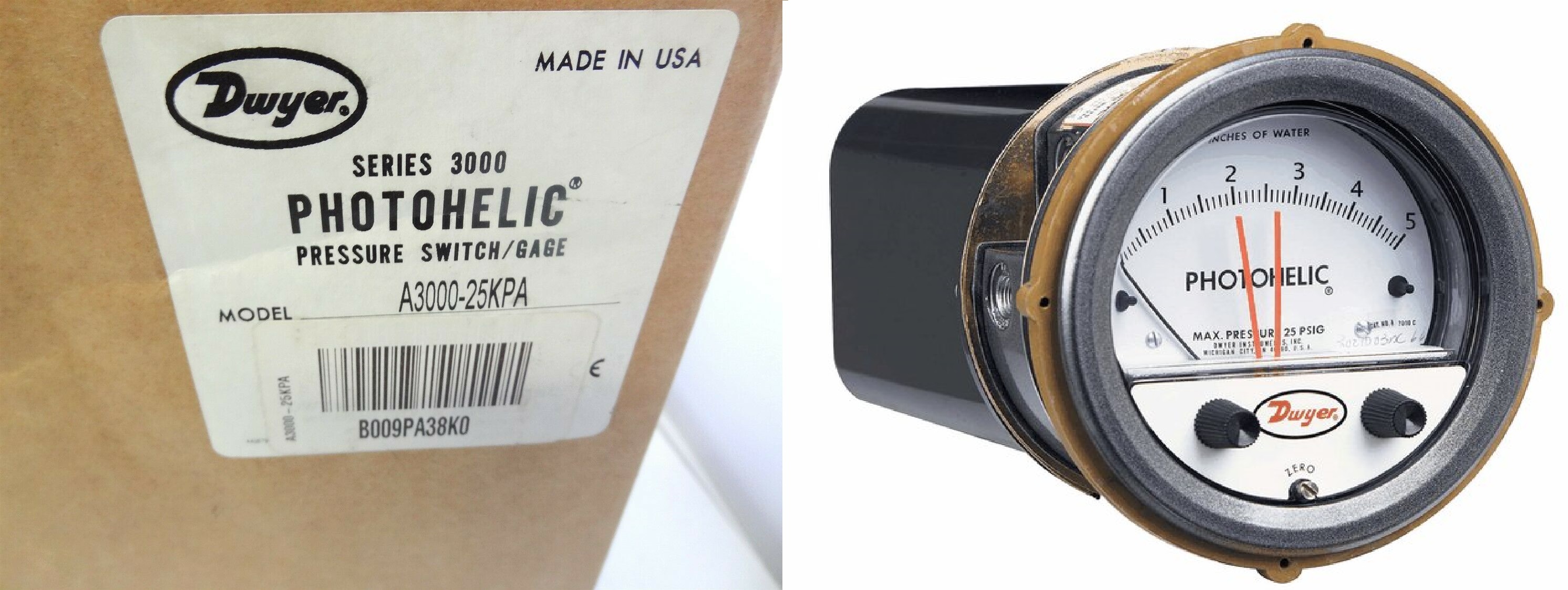 Dwyer A3000-25kpa Photohelic Pressure Switch Gauge Range 0-25 Kpa. Diameter: 4" (101.6 Mm) Dial Face