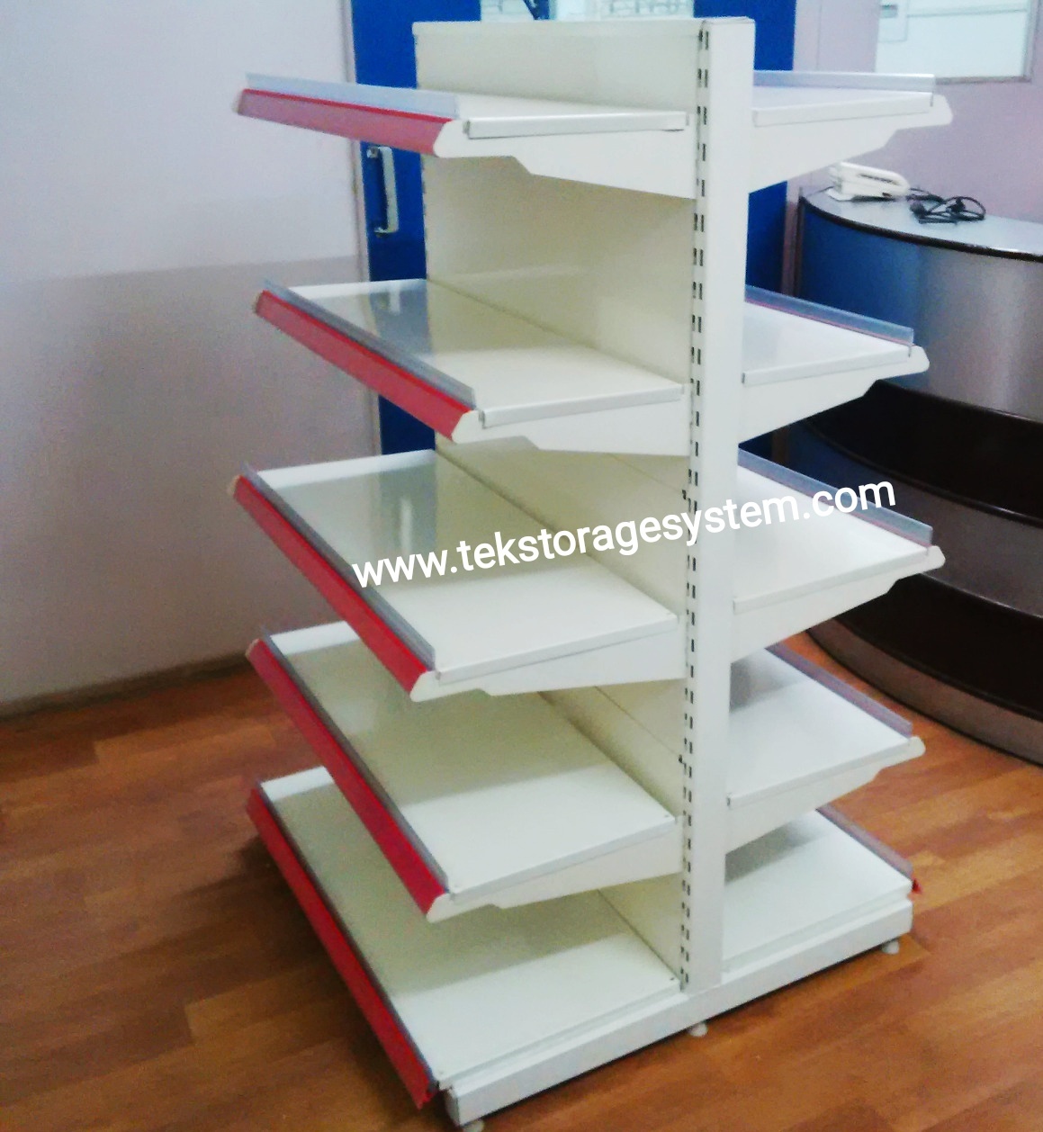 Supermarket Rack - Steel, 6ft X 3ft, White And Red | Light Duty, 5 Shelves, Powder Coated, Custom Designs Available, Ideal For Retail And Grocery Stores