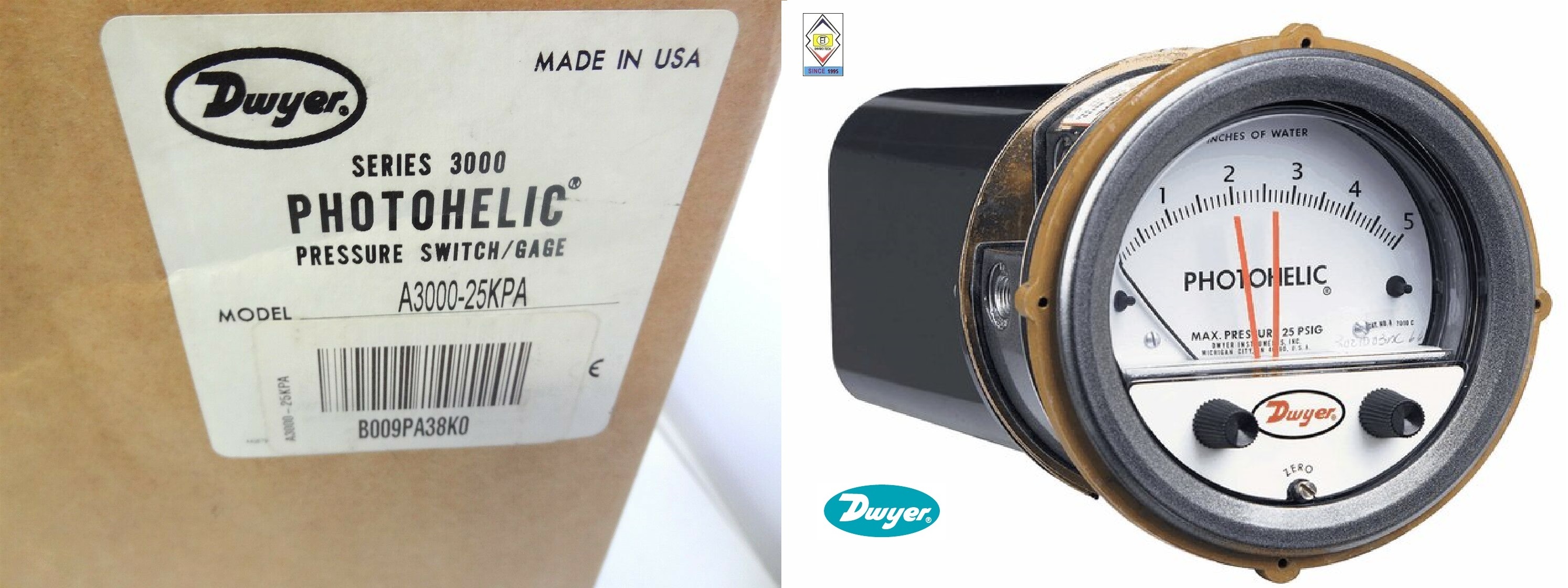 Dwyer A3000-8kpa Photohelic Pressure Switch Gauge Range 0-8 Kpa. Measure Pressure Of: Gas