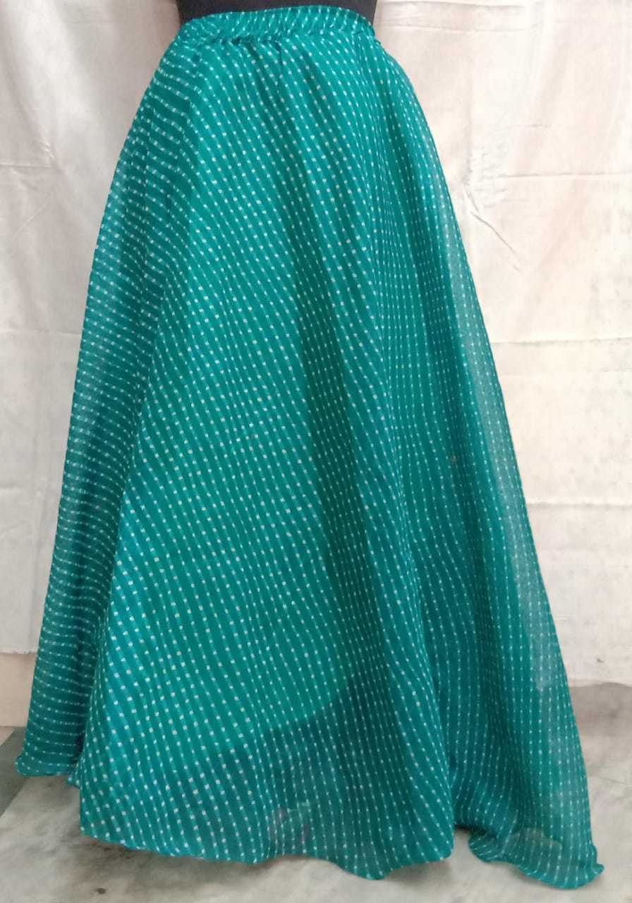 Party Wear Skirt - Kota Doriya Material, Cotton Lining, Up To 42 Inch Size, 48 Inch Length, Green Color, A-line Style, Printed Pattern, Summer Flair 3.5 Metre