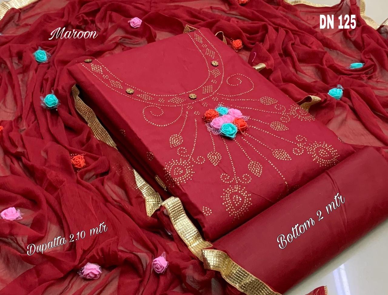 Salwar Suits - Cotton Silk With Handmade Decorative Flowers | Multi-color, Quick Dry, Breathable, Anti Wrinkle, Plus Size, Summer & Winter Wear, Unique Handwork Design