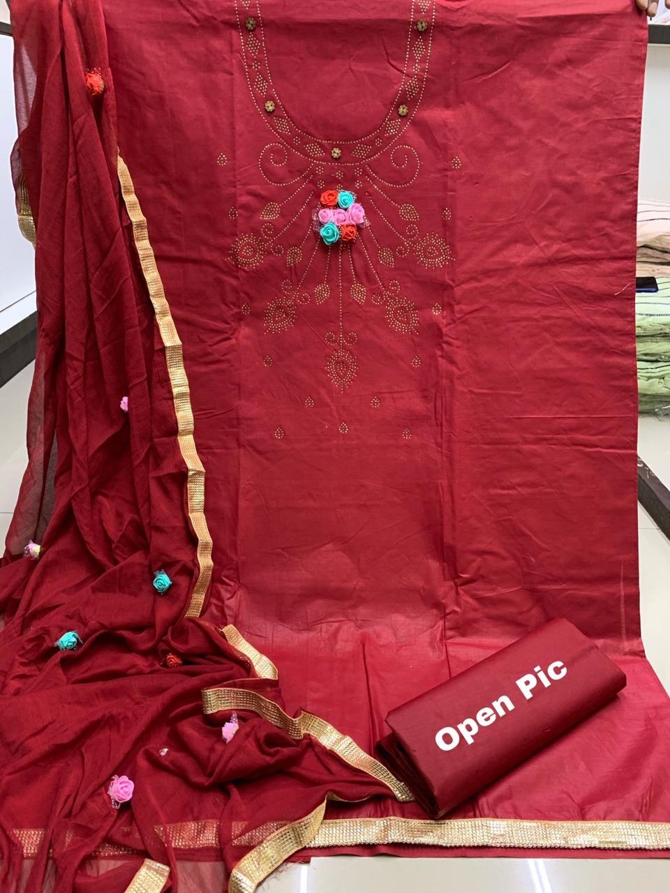Salwar Suits - Cotton Silk With Handmade Decorative Flowers | Multi-color, Quick Dry, Breathable, Anti Wrinkle, Plus Size, Summer & Winter Wear, Unique Handwork Design
