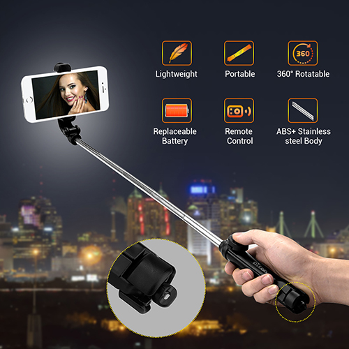 Ptron Glam Bluetooth Selfie Stick Tripod Stand - Abs + Stainless Steel, 76cm Max Length, Black Color, Cr2032 Replaceable Battery, 360a Rotatable Clamp, Wireless Remote