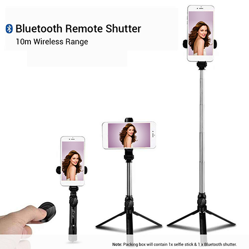 Ptron Glam Bluetooth Selfie Stick Tripod Stand - Abs + Stainless Steel, 76cm Max Length, Black Color, Cr2032 Replaceable Battery, 360a Rotatable Clamp, Wireless Remote