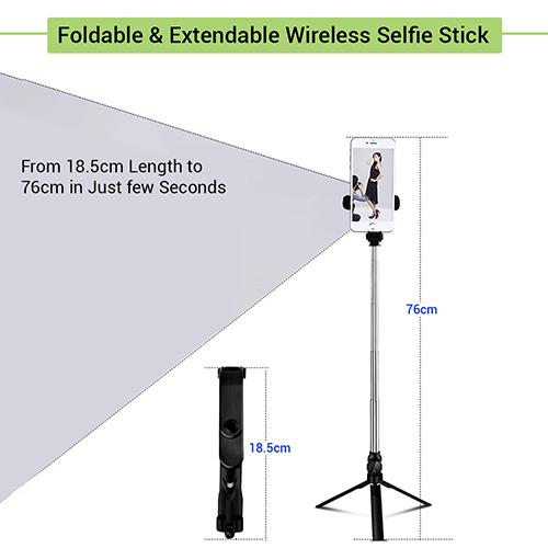 Ptron Glam Bluetooth Selfie Stick Tripod Stand - Abs + Stainless Steel, 76cm Max Length, Black Color, Cr2032 Replaceable Battery, 360a Rotatable Clamp, Wireless Remote