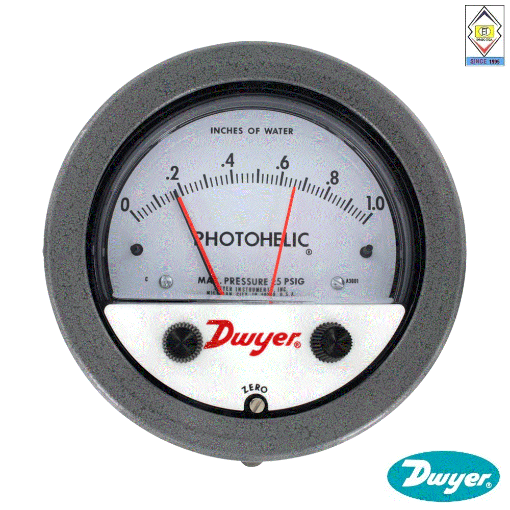 Dwyer A3005 Photohelic Pressure Switch Gauge - 4" Dial Face, 5x8" Dimensions | Dual Backlit Display, 4 To 20 Ma Measurement