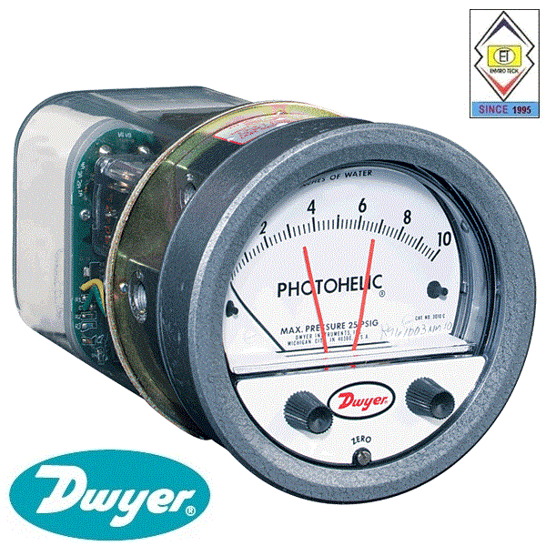 Dwyer A3005 Photohelic Pressure Switch Gauge - 4" Dial Face, 5x8" Dimensions | Dual Backlit Display, 4 To 20 Ma Measurement