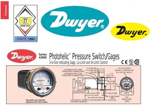 Dwyer A3010av Photohelic Pressure Switch Gauge - 4" Dial Face, 5x8" Dimensions | Measures Air And Non-combustible Gases, Dual Backlit Display, 4 To 20 Ma Output