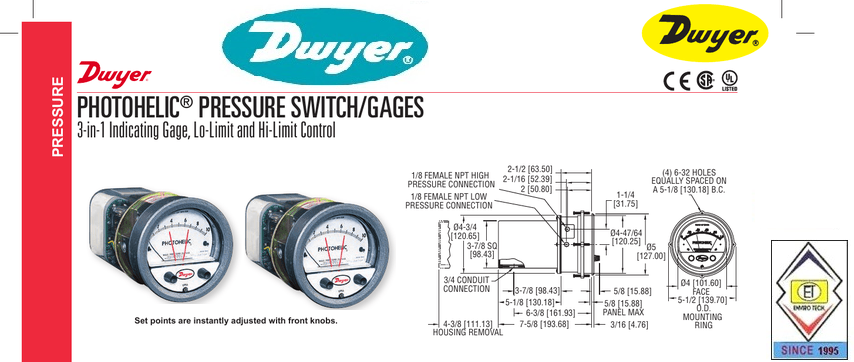 Dwyer A3010av Photohelic Pressure Switch Gauge - 4" Dial Face, 5x8" Dimensions | Measures Air And Non-combustible Gases, Dual Backlit Display, 4 To 20 Ma Output