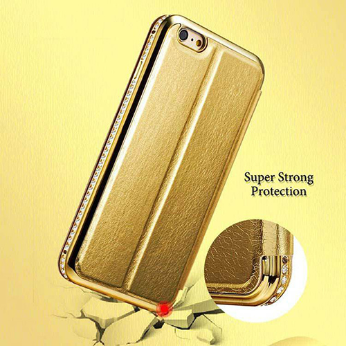 Ptron Swarovski Crystal Metal Frame Flip Cover For Iphone 6 Plus - Pu Leather, Diamond Crystals, Gold Color | Shock, Dust, And Scratch Protection