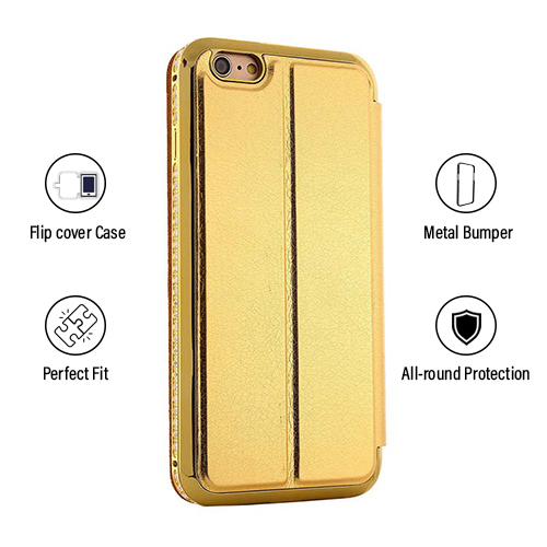 Ptron Swarovski Crystal Metal Frame Flip Cover For Iphone 6 Plus - Pu Leather, Diamond Crystals, Gold Color | Shock, Dust, And Scratch Protection