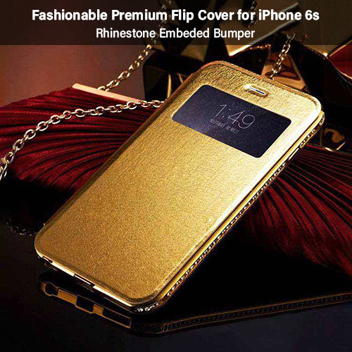 Ptron Swarovski Crystal Metal Frame Flip Cover For Iphone 6 Plus - Pu Leather, Diamond Crystals, Gold Color | Shock, Dust, And Scratch Protection