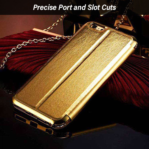 Ptron Swarovski Crystal Metal Frame Flip Cover For Iphone 6 Plus - Pu Leather, Diamond Crystals, Gold Color | Shock, Dust, And Scratch Protection