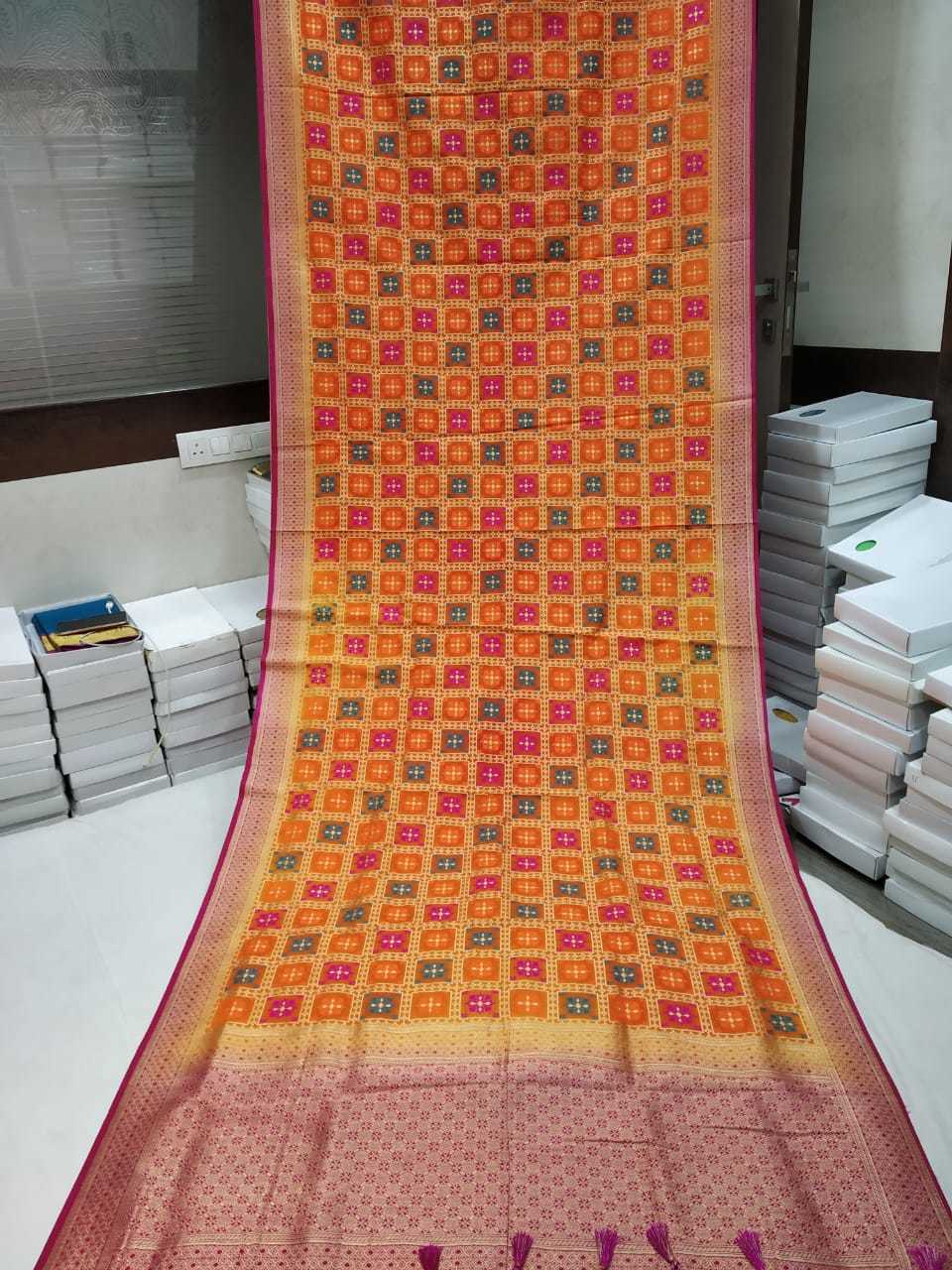 Banarasi Silk Saree - Pure Silk With Rich Border And Pallu All Over Self Meena Butta Design Contrast Blouse Handloom Customized Size Dry Clean Only