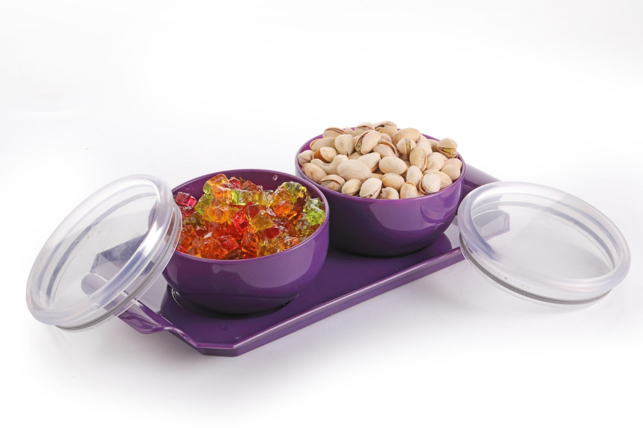 2 Pc Dry Fruit Bowl With Tray - Plastic, 2 Inch Thickness | Color Options: Blue, Orange, Green, Red, Includes Transparent Lid For Presentation