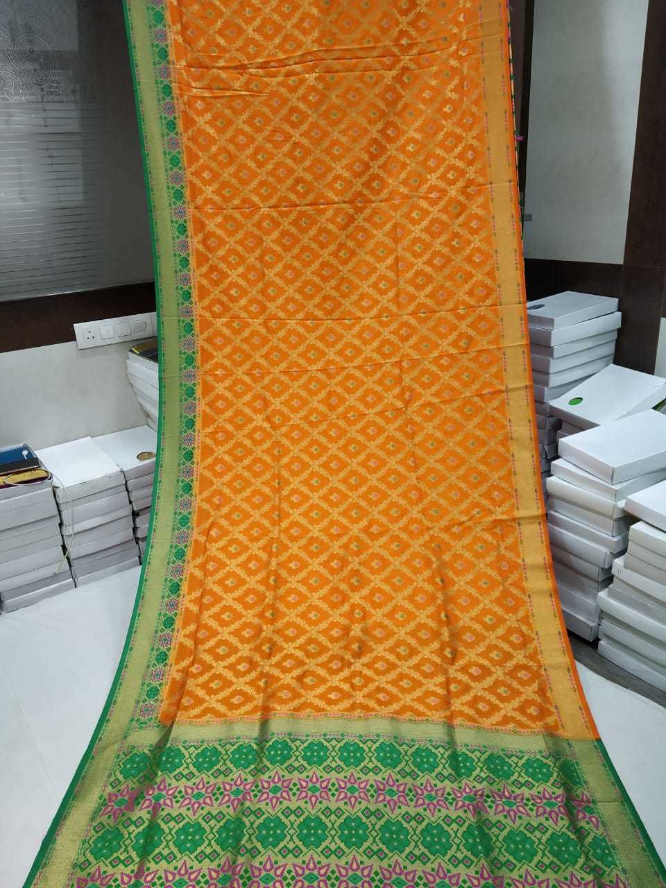 Banarasi Saree Orange With Green - Self Meena Butta, Rich Border & Pallu, Contrast Blouse | Handloom & Pure Silk, Customized Size, Dry Clean Only