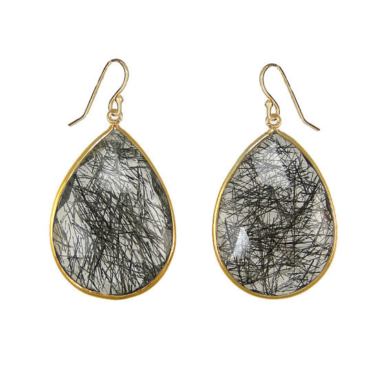 Black Rutile Gemstone Pear Drop Earring Size: 15x20mm