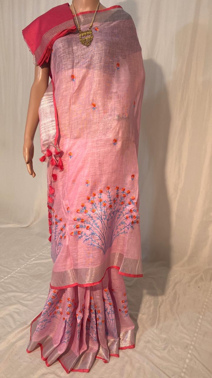 Party Wear Pure Linen By Linen 120 Count Machine Embroidery Saree.