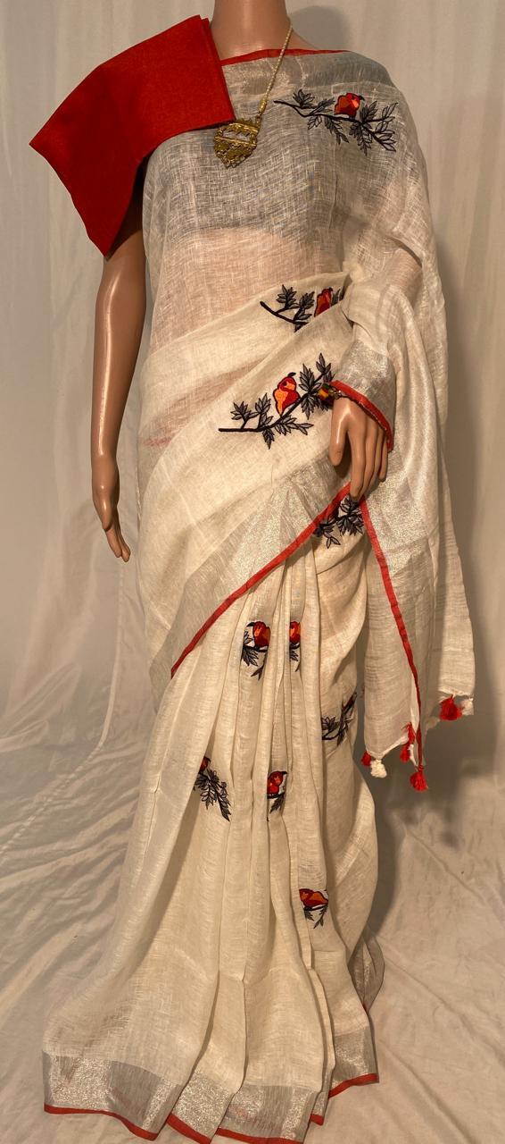 Party Wear Pure Linen By Linen 120 Count Machine Embroidery Saree.