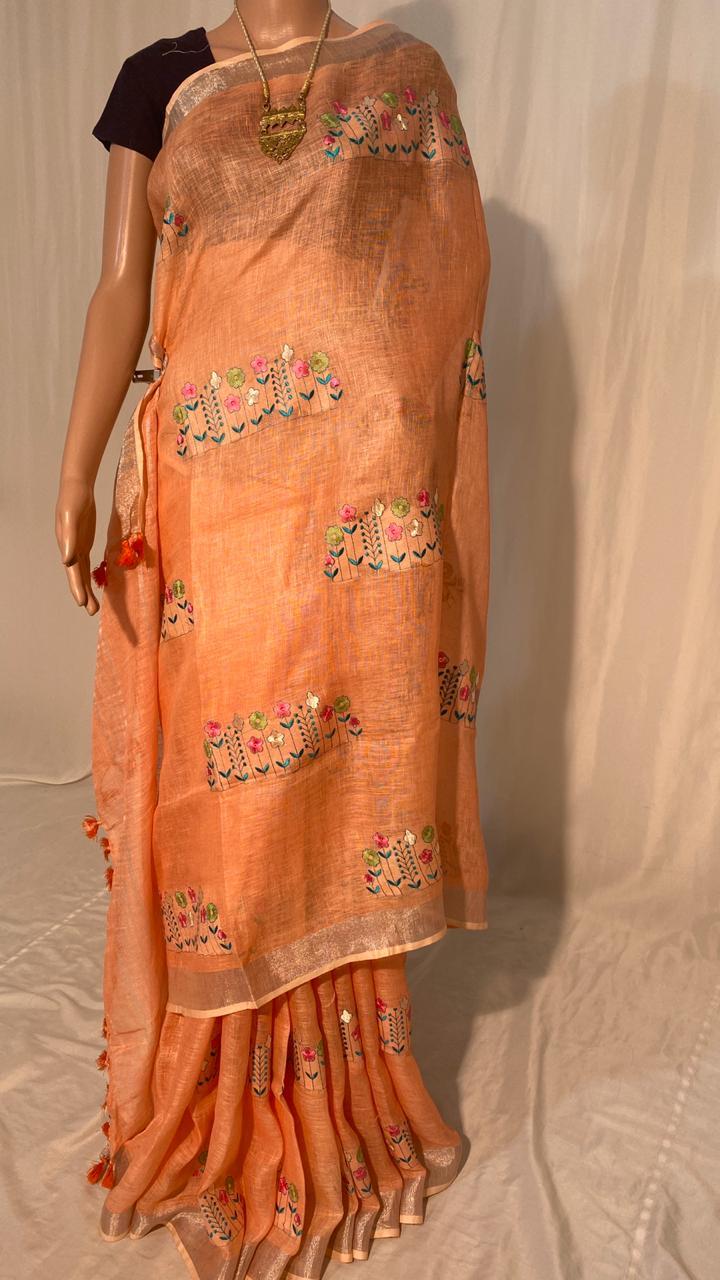 Party Wear Pure Linen By Linen 120 Count Machine Embroidery Saree.
