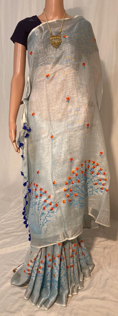 Party Wear Pure Linen By Linen 120 Count Machine Embroidery Saree.