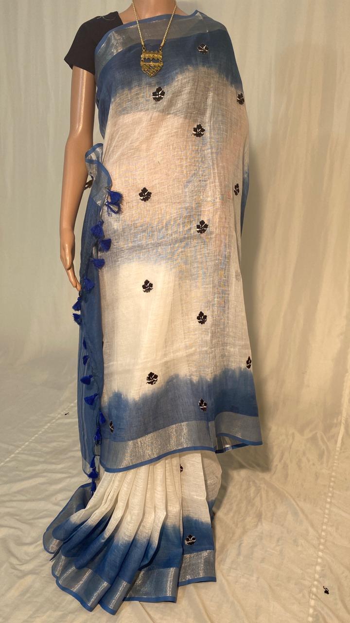 Party Wear Pure Linen By Linen 120 Count Machine Embroidery Saree.
