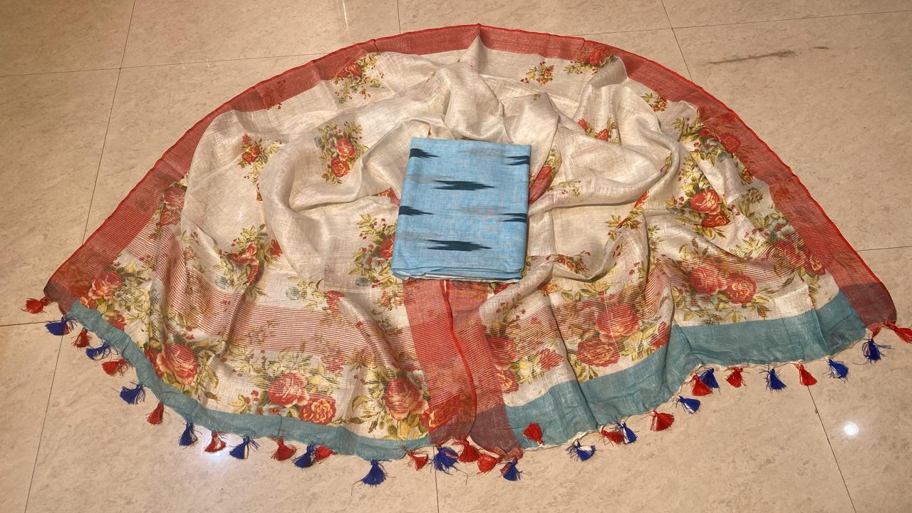 Plain Pure Linen Ikkat Top 2.5 Mtrs With Linen Digital Printed Dupatta.