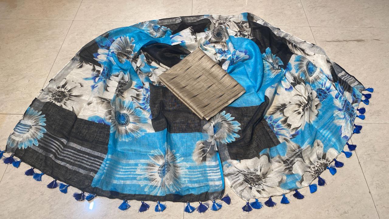 Plain Pure Linen Ikkat Top 2.5 Mtrs With Linen Digital Printed Dupatta.