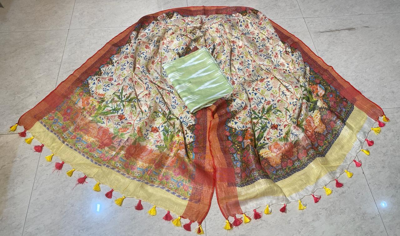 Plain Pure Linen Ikkat Top 2.5 Mtrs With Linen Digital Printed Dupatta.