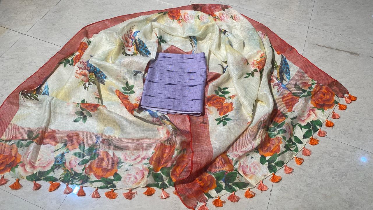 Plain Pure Linen Ikkat Top 2.5 Mtrs With Linen Digital Printed Dupatta.