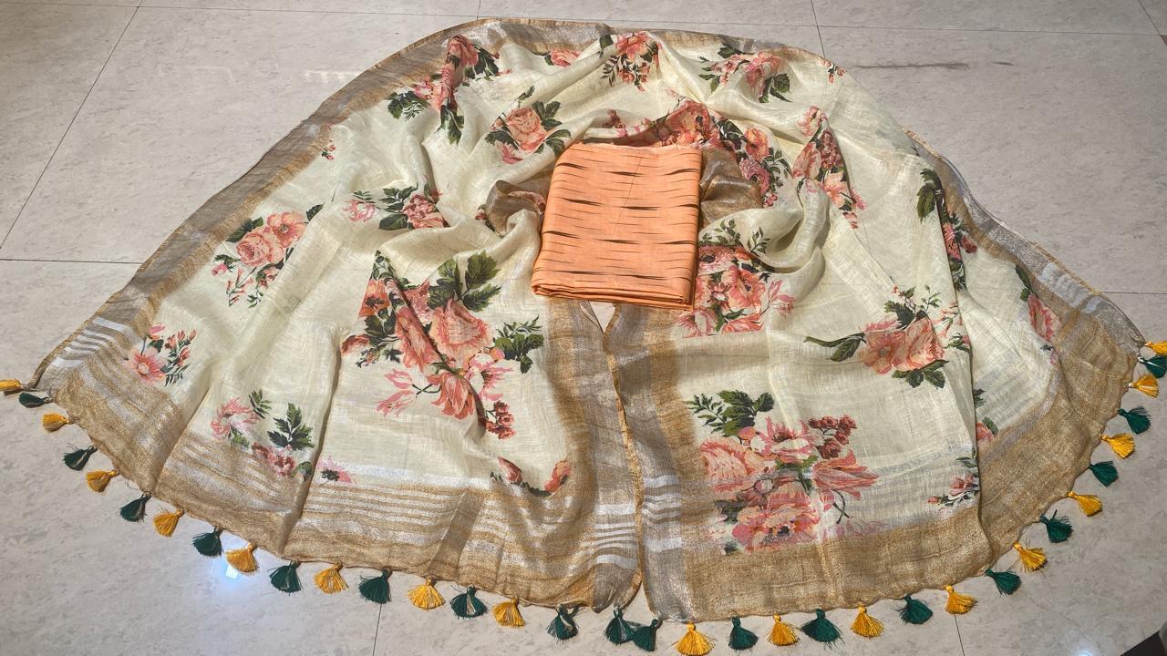 Plain Pure Linen Ikkat Top 2.5 Mtrs With Linen Digital Printed Dupatta.