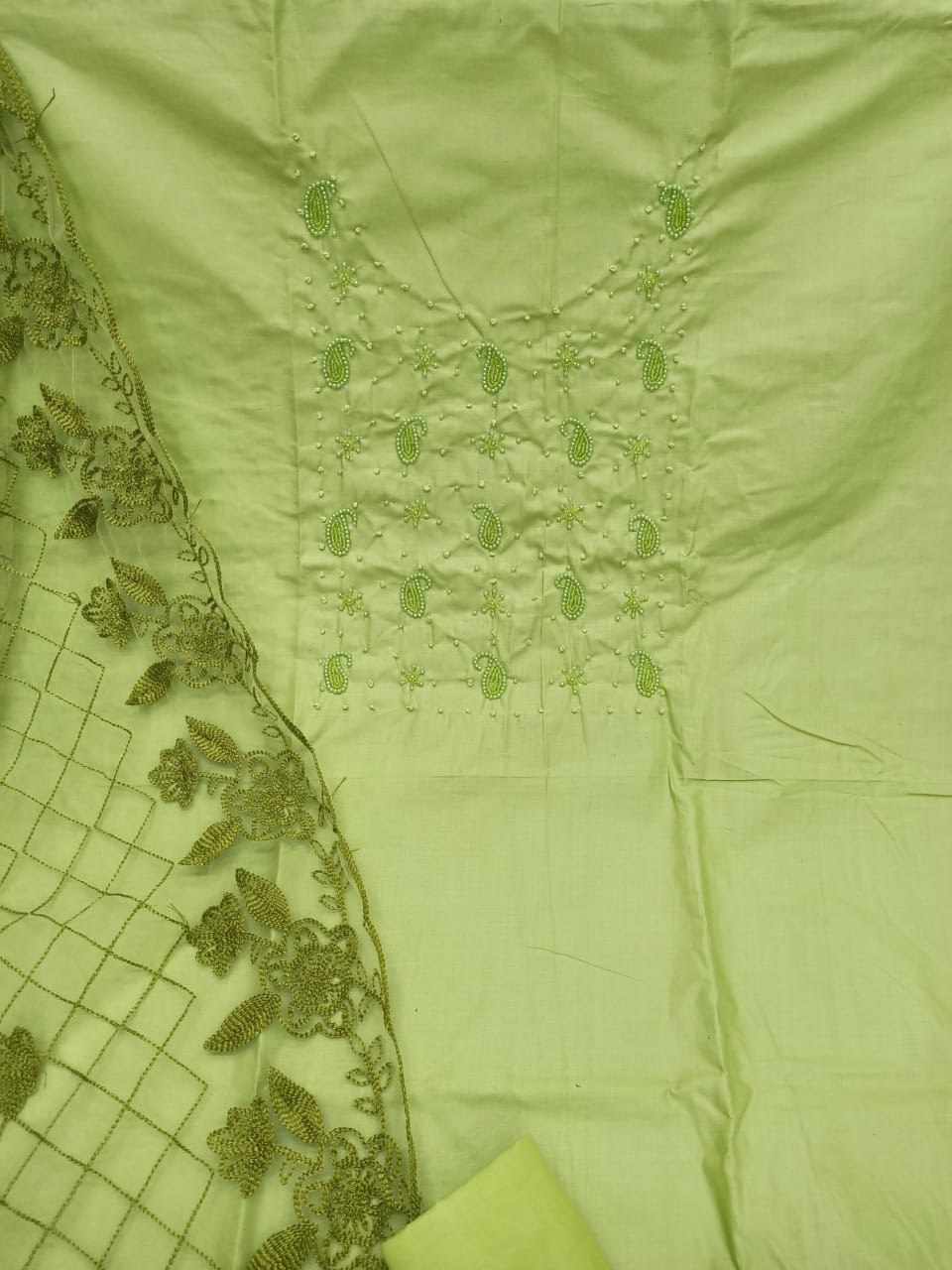 Hand Work Ladies Suit - Pc Cotton Hand Work Top, Cotton Bottom, Mono Nett Work Dupatta, Free Size (Semi Stitched) | Multi Color, Anti-wrinkle, Quick Dry, Plus Size