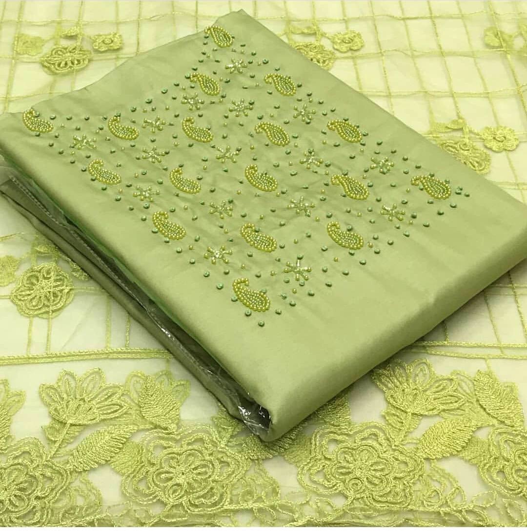 Hand Work Ladies Suit - Pc Cotton Hand Work Top, Cotton Bottom, Mono Nett Work Dupatta, Free Size (Semi Stitched) | Multi Color, Anti-wrinkle, Quick Dry, Plus Size