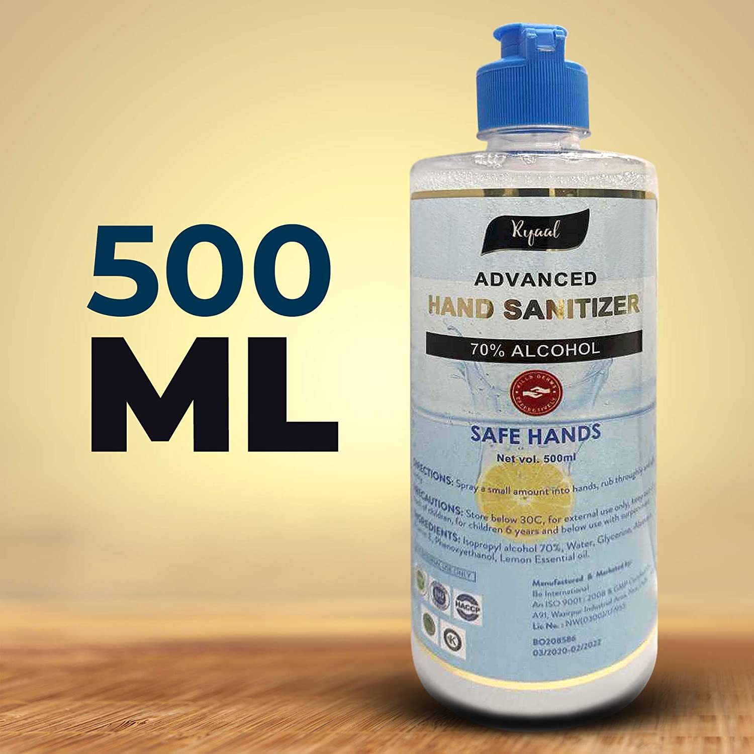 Ryaal 70% Alcohol Based Advanced Hand Sanitizer - Liquid, 500 Ml | Hard On Germs, Gentle On Hands, Easy To Carry For On-the-go Protection
