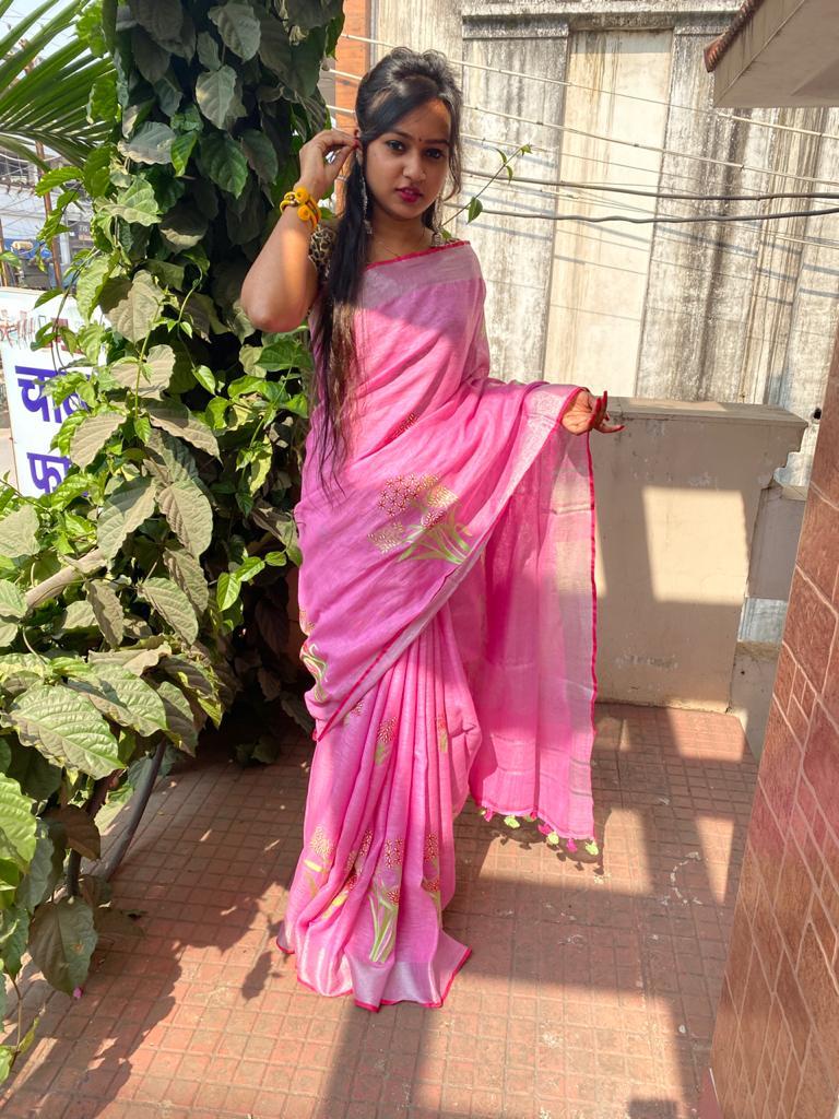 Pure Linen Saree - 120 Count Machine Embroidery | Embroidered Pattern, Ideal For Rainy And Spring Seasons