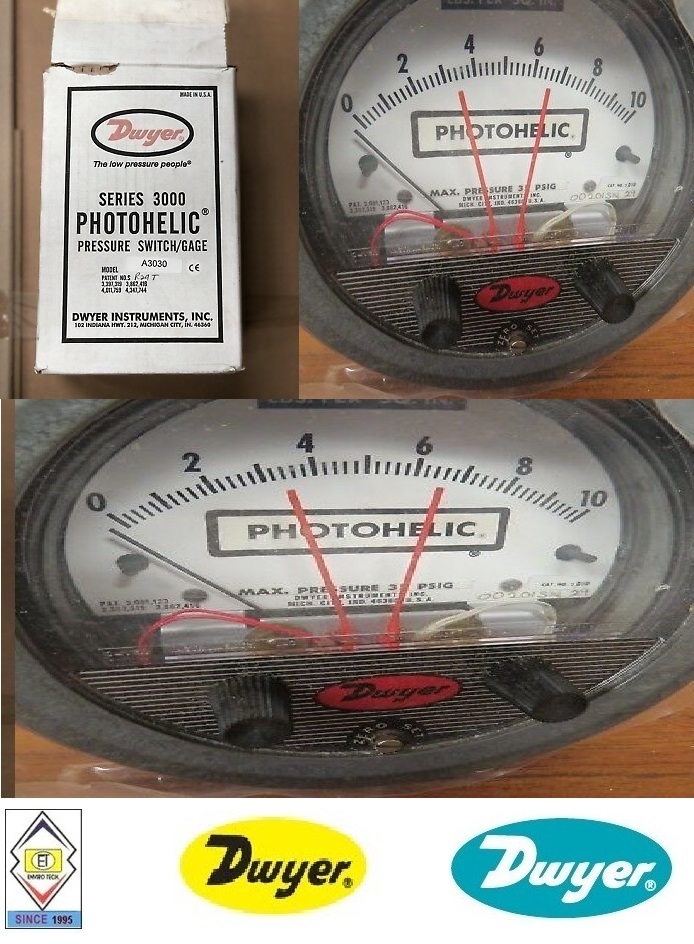 Dwyer A3300-20mm Photohelic Pressure Switch Gauge Range 10-0-10 Mm W.c. Diameter: 4" (101.6 Mm) Dial Face