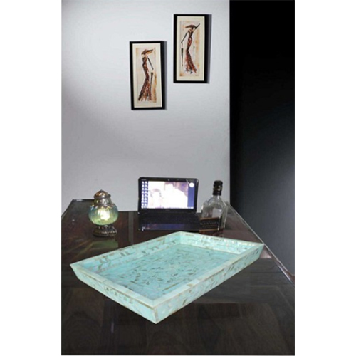 Sky Blue Mother of Pearl Inlay Flower Design Tray